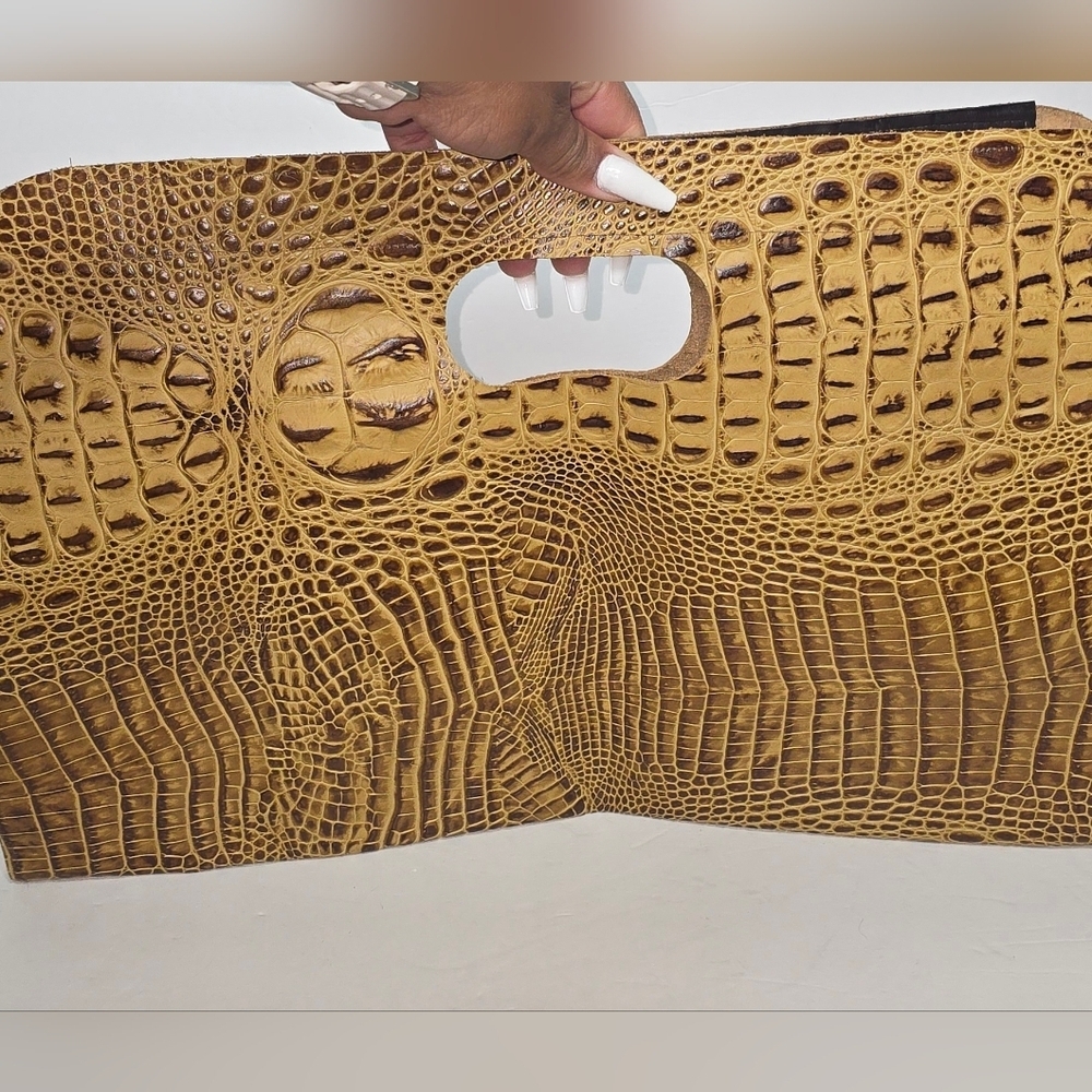 Brown Burnt Yellow Leather Croc Handbag Clutch Flat Purse - Picture 2 of 5